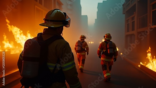 Firefighter Monitoring Drone Extinguishing Wildfire Blaze Intense Orange Flames Emergency Response Aerial Technology heat trees smoke water scene danger  