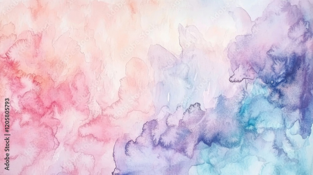 Fototapeta premium Abstract watercolor wash painting in pink, purple, and blue hues.