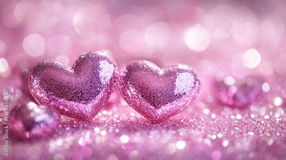Fototapeta premium Shiny hearts on a pink background