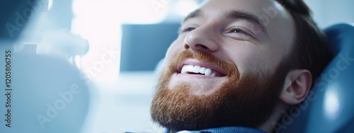 Smiling man in dental chair, dentist cleaning teeth with mirror, bright clinical setting, focus on oral care and patient comfort photo