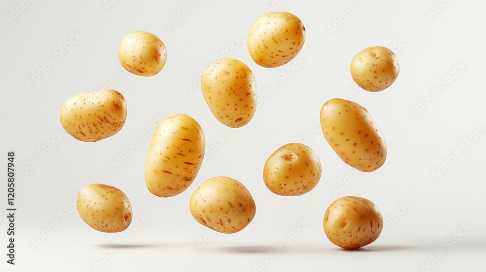 Obraz premium Fresh potatoes, potato suspended in the air on white background