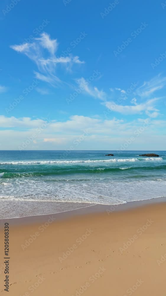 Adraga Beach and Waves on Sunny Day. Atlantic Ocean, Portugal. Aerial View. Moving Forward at Low Level. Vertical Video Adraga Beach and Waves on Sunny Day. Atlantic Ocean, Portugal. Aerial View. Moving Forward at Low Level. Vertical Video