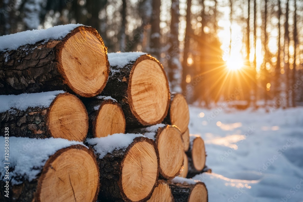 Stack of logs covered with snow at sunset in winter forest Stack of logs covered with snow at sunset in winter forest