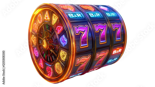 Online casino slot with prizes, 777. Isolated on transparent background. Cutout.