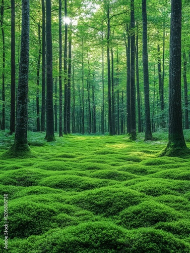 A serene forest scene with lush green moss and tall trees, creating a tranquil atmosphere.