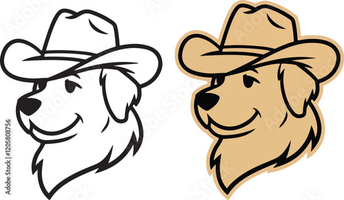 Golden Retriever Wearing Cowboy Hat Illustrated in colors clipart Black and Gold Designs | Dog Puppy, Linear Art Sketch Drawing Art Vector | Golden Labrador Retriever Head vector Illustration