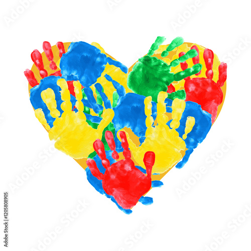 Heart of children's handprints. Illustration of chilren's palms on white backgound. International Children's Day. International Day of peace.