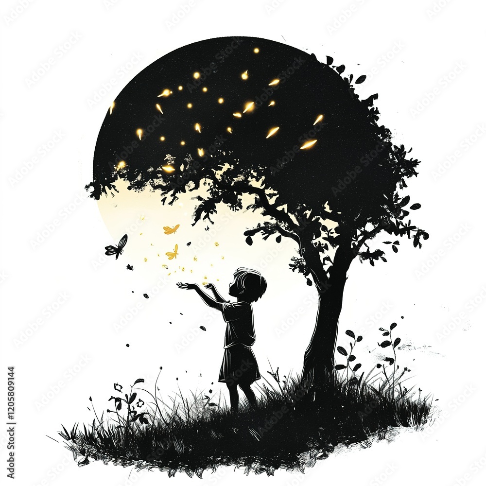 Boy is standing in a field of grass, holding a butterfly in his hand Boy is standing in a field of grass, holding a butterfly in his hand
