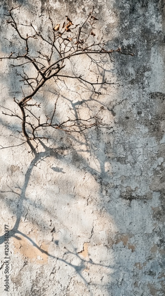 Soft shadows elegantly dance across a weathered plaster wall, showcasing the intricate outlines of a branch Soft shadows elegantly dance across a weathered plaster wall, showcasing the intricate outlines of a branch