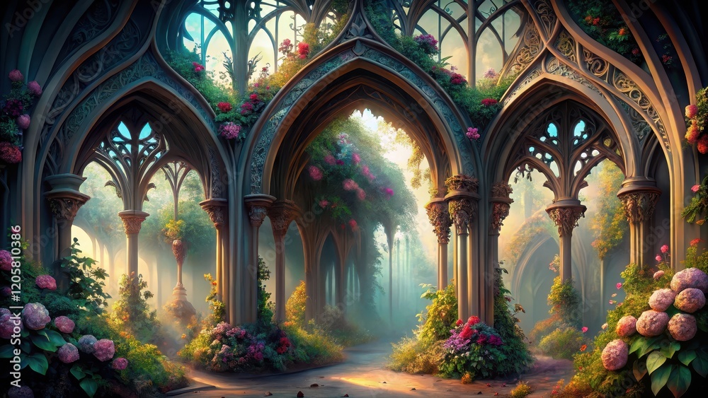 Naklejka premium Intricate gothic arches with twisted vines and flowers , fantasy, intricate patterns, fantasy, intricate patterns
