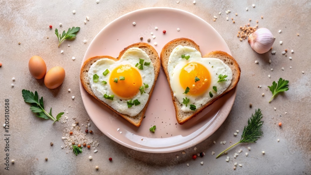 Heart-Shaped Sunny-Side Up Eggs on Artisanal Toast with Pink Himalayan Salt, Served on White Plate with Gold Edging, Soft Pastel Background Heart-Shaped Sunny-Side Up Eggs on Artisanal Toast with Pink Himalayan Salt, Served on White Plate with Gold Edging, Soft Pastel Background