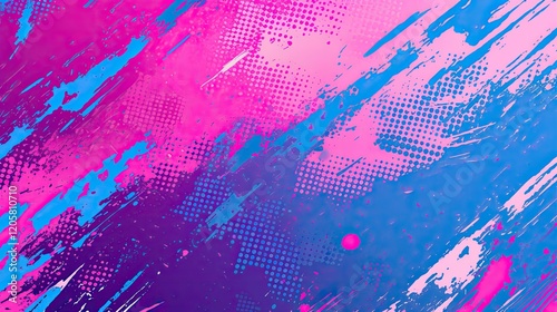 Abstract pink, blue, purple grunge background with paint strokes and halftone dots.