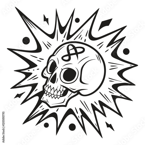 A stylized skull drawing featuring an infinity symbol on the forehead, encircled by sharp, energetic lines and dots, giving a sense of motion and impact. Perfect for tattoo art, graphic tees, or brand
