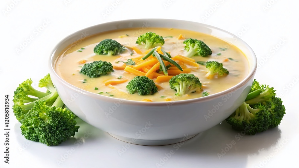 Creamy Broccoli Cheddar Soup Bowl, Studio Shot, Food Photography, Clipping Path