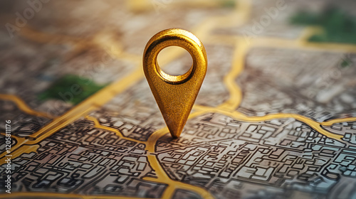 
Golden locating pin is placed on a detailed map depicting different urban areas, emphasizing the importance of navigation, key on map