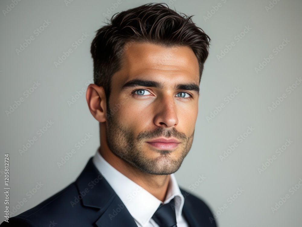 Close-up portrait of a man with dark hair, blue eyes, and a well-groomed beard, wearing a suit Close-up portrait of a man with dark hair, blue eyes, and a well-groomed beard, wearing a suit