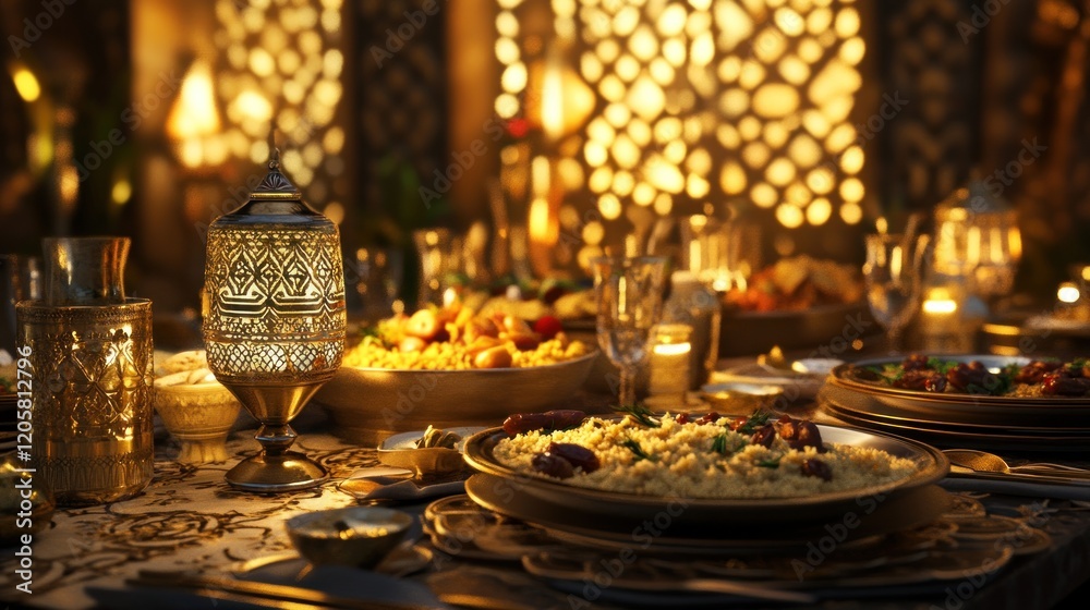 Fototapeta premium Festive Arabian dinner, ornate setting, warm lights, background patterns, holiday