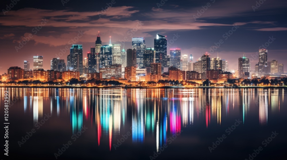 Fototapeta premium Vibrant city skyline reflecting in water at night, illuminated by colorful lights.