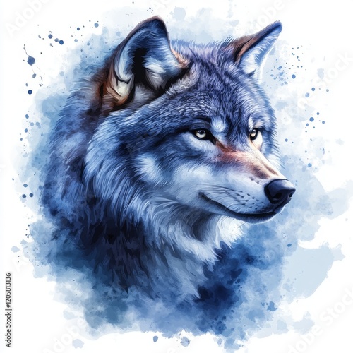 Wallpaper Mural Majestic wolf portrait rendered in shades of blue watercolor with expressive splashes and detail Torontodigital.ca