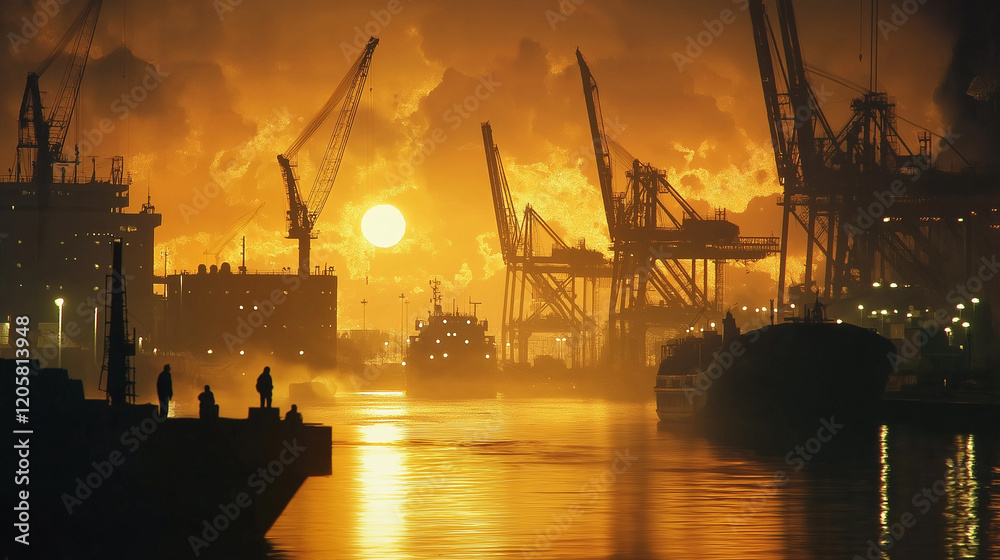 Naklejka premium Ocean port at sunset with cranes, ships, and golden water reflections