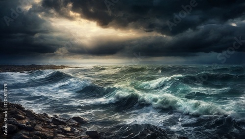 Stormy sea view near coastline at evening time. Waves, splashed drops under dark dramatic sky.
