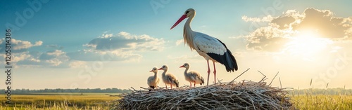 A bird family nesting under a bright blue sky, symbolizing nature, family bonds, and wildlife. Great for wildlife documentaries, family-themed content, and nature conservation projects.