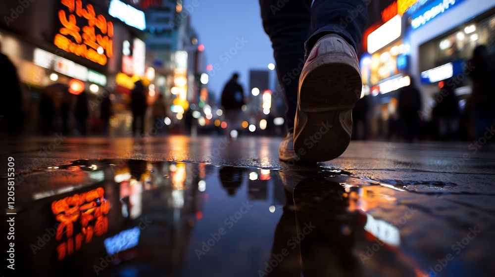 Obraz premium Night City Stroll: Reflections in a Puddle