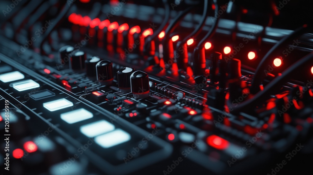 Close-up view of a complex electronic circuit board with numerous knobs, switches, and illuminated components. Close-up view of a complex electronic circuit board with numerous knobs, switches, and illuminated components.