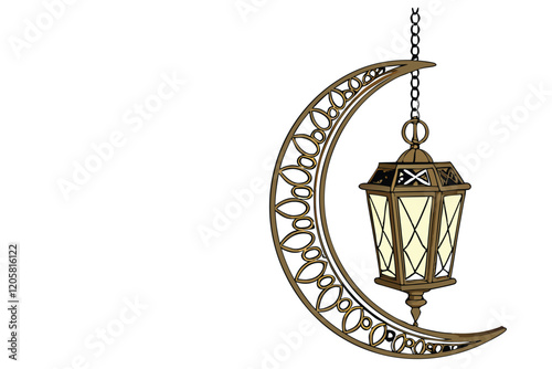 Golden crescent moon lantern, ornate hanging lamp, Islamic-inspired decor, Ramadan decoration, intricate metalwork, warm glowing light, arabesque design, celestial motif, antique gold finish,   3D 