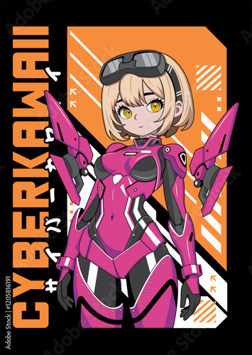 Anime girl poster in manga style. Tokyo Japan anime girl with concept of virtual reality,retro,futurism,futuristic,cyberpunk. Japanese y2k vector illustration. Kanji translation is Cyber Kawaii