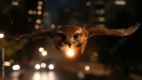 A majestic owl soaring through a cityscape at night, illuminated by streetlights, showcasing urban wildlife photo