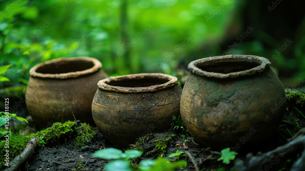 Ancient Pottery Being Unearthed in Lush Green Forest Scene with Rich Natural Background Ancient Pottery Being Unearthed in Lush Green Forest Scene with Rich Natural Background