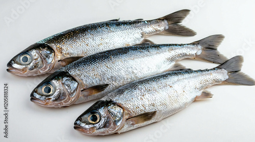 A high-resolution image of fresh fish with shiny scales, laid out on a pure white background, emphasizing their silvery tones and natural textures.