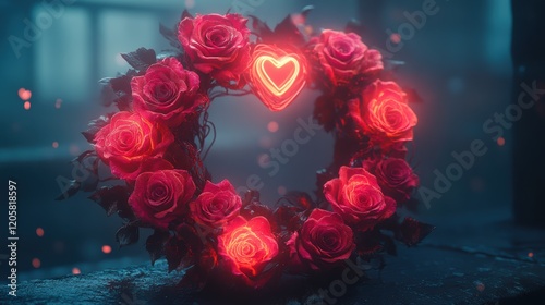 Cyberpunk Wreath of Neon Pink Roses for Valentine's Day Decor