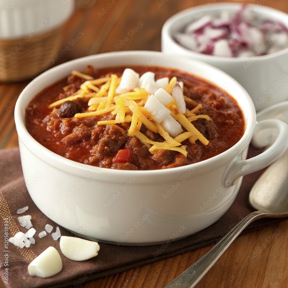 Delicious Chili With Toppings Served in a Bowl. Generative AI Delicious Chili With Toppings Served in a Bowl. Generative AI