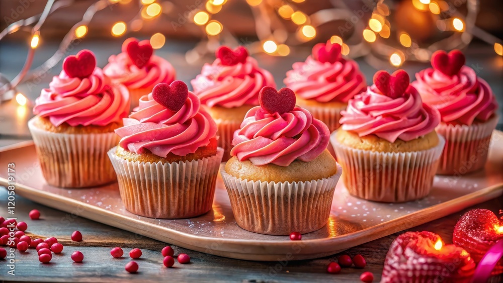 Valentine's Day Cupcakes with Red and Pink Frosting, Heart Sprinkles, and Edible Glitter, Charming Romantic Presentation Valentine's Day Cupcakes with Red and Pink Frosting, Heart Sprinkles, and Edible Glitter, Charming Romantic Presentation