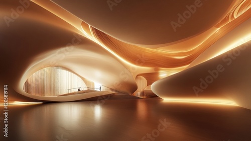 A modern concert hall with flowing organic shapes and dramatic lightin photo