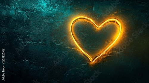 Glowing neon heart shape on a textured dark background creates a warm and inviting atmosphere, perfect for romantic settings or artistic expressions