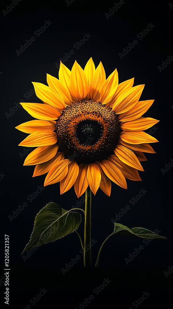 Fototapeta premium Vibrant single sunflower against a dramatic black background. Perfect for summer, nature, and floral themes.