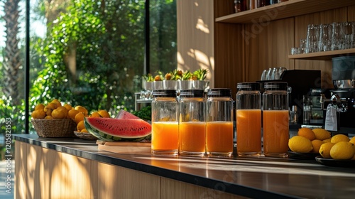 Fototapeta Naklejka Na Ścianę i Meble -  Hotel breakfast bar juice display, tropical garden view