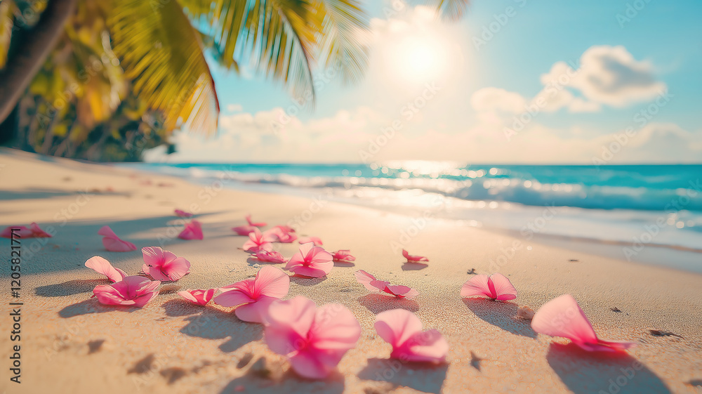 Tropical beach decorated with bright pink flower petals. The concept of an ideal place for relaxation, romance or photo sessions. Tropical beach decorated with bright pink flower petals. The concept of an ideal place for relaxation, romance or photo sessions.