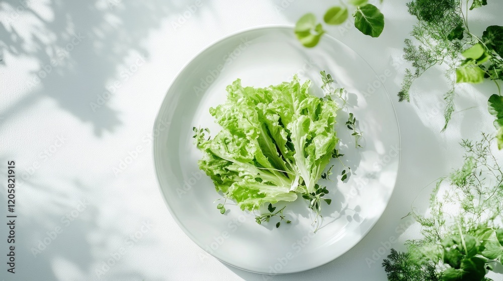 Fresh lettuce plate, sunlight, herbs, kitchen, healthy food Fresh lettuce plate, sunlight, herbs, kitchen, healthy food