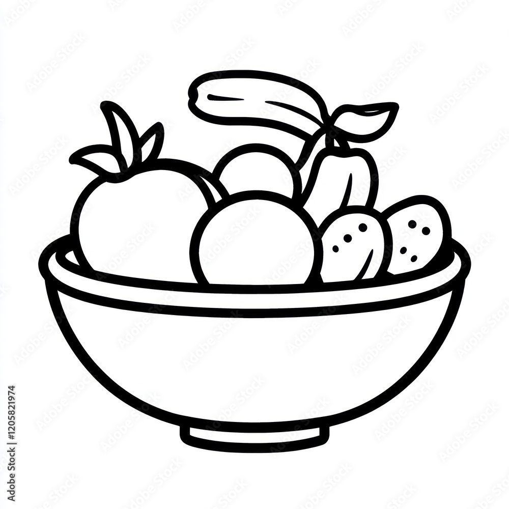 Fruit bowl; healthy snack; kitchen; simple line art; recipe illustration Fruit bowl; healthy snack; kitchen; simple line art; recipe illustration