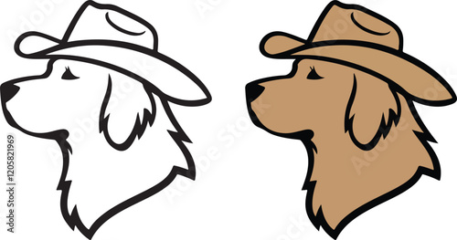 Golden Retriever Wearing Cowboy Hat Illustrated in colors clipart Black and Gold Designs | Dog Puppy, Linear Art Sketch Drawing Art Vector | Golden Labrador Retriever Head vector Illustration