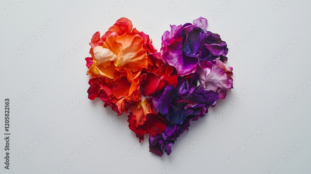 Colorful rose petals arranged in a heart shape on a white background for a romantic decoration idea Colorful rose petals arranged in a heart shape on a white background for a romantic decoration idea