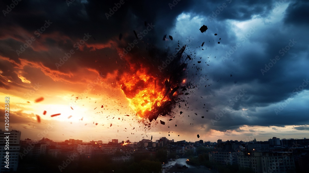 Fototapeta premium Apocalyptic Sunset: Fiery Destruction Over Cityscape