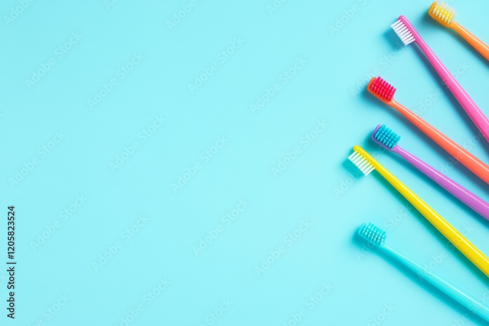 Toothbrushes is on a side of plain light blue studio background. Family colorful toothbrushes in ceramic holder. Tooth brushes. Oral care, wellness, dental hygiene, fresh breath. Toiletries Still Life Toothbrushes is on a side of plain light blue studio background. Family colorful toothbrushes in ceramic holder. Tooth brushes. Oral care, wellness, dental hygiene, fresh breath. Toiletries Still Life