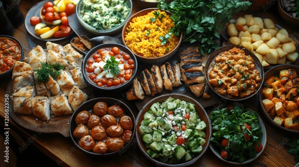 A table full of food with a variety of dishes including a salad, potatoes A table full of food with a variety of dishes including a salad, potatoes