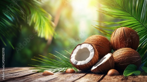 Fototapeta Naklejka Na Ścianę i Meble -  Tropical coconuts, halved, wooden table, jungle