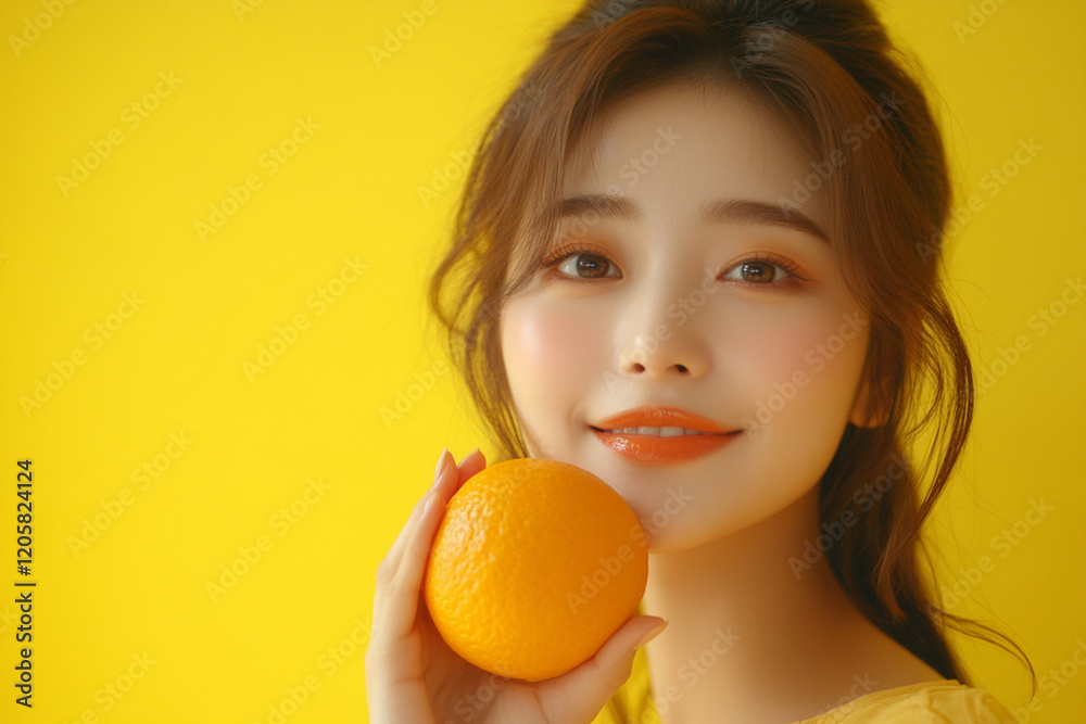 Radiant Asian Woman with a Juicy Orange Against a Sunny Yellow Background. A vibrant, high-resolution image perfect for food blogs, health websites, and advertising campaigns. The image showcases Radiant Asian Woman with a Juicy Orange Against a Sunny Yellow Background. A vibrant, high-resolution image perfect for food blogs, health websites, and advertising campaigns. The image showcases